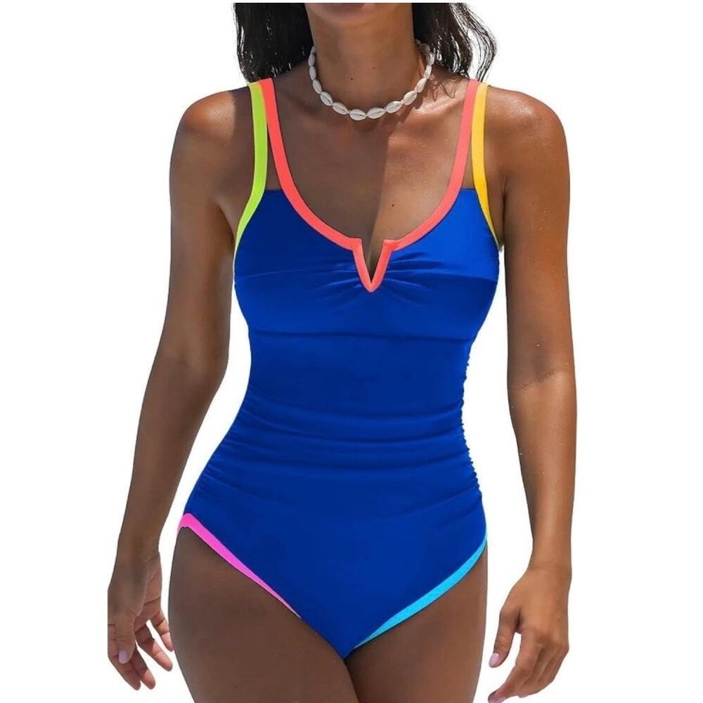 POPVIL Women One Piece Swimsuit Size L Blue Pink Contrast Trim Tummy Control NWT
